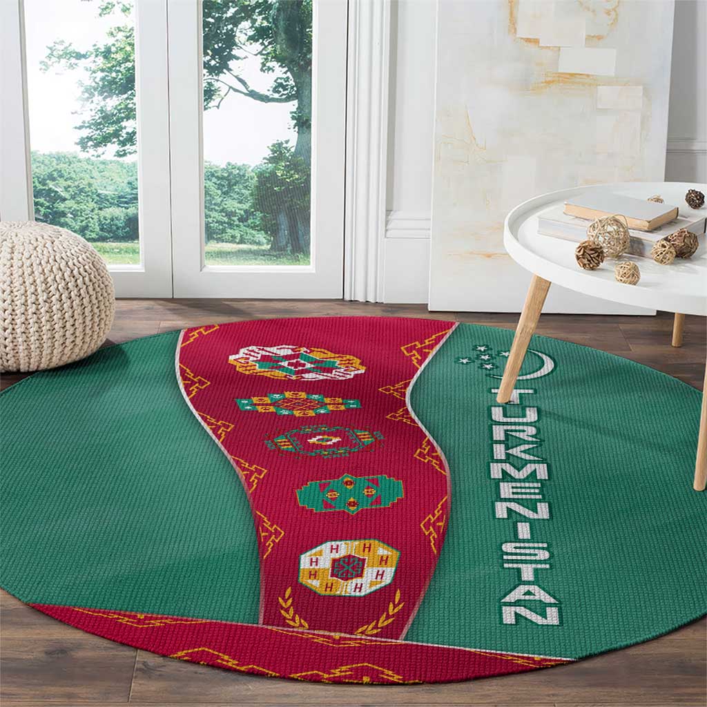 Turkmenistan National Symbols Round Carpet with Crescent Moon, Stars, and Traditional Carpet Pattern Design