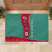 Turkmenistan National Symbols Rubber Doormat with Crescent Moon, Stars, and Traditional Carpet Pattern Design