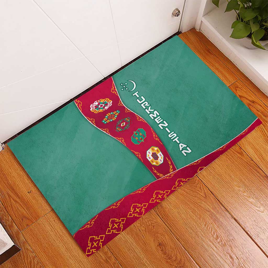 Turkmenistan National Symbols Rubber Doormat with Crescent Moon, Stars, and Traditional Carpet Pattern Design