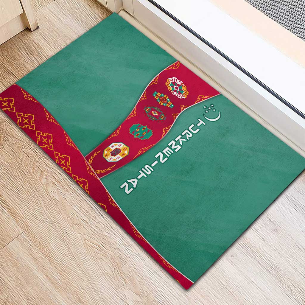 Turkmenistan National Symbols Rubber Doormat with Crescent Moon, Stars, and Traditional Carpet Pattern Design