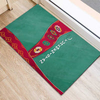 Turkmenistan National Symbols Rubber Doormat with Crescent Moon, Stars, and Traditional Carpet Pattern Design