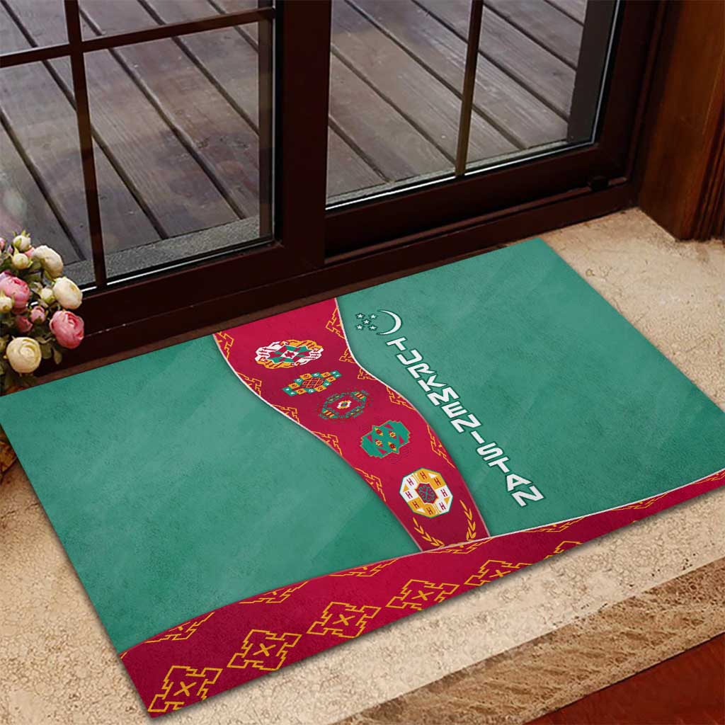 Turkmenistan National Symbols Rubber Doormat with Crescent Moon, Stars, and Traditional Carpet Pattern Design