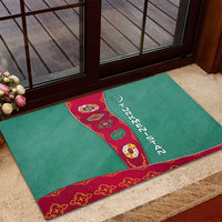 Turkmenistan National Symbols Rubber Doormat with Crescent Moon, Stars, and Traditional Carpet Pattern Design