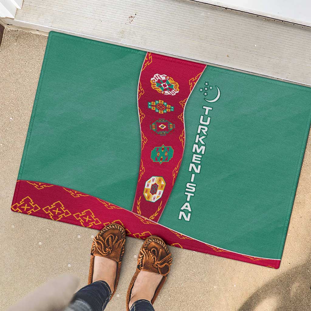 Turkmenistan National Symbols Rubber Doormat with Crescent Moon, Stars, and Traditional Carpet Pattern Design