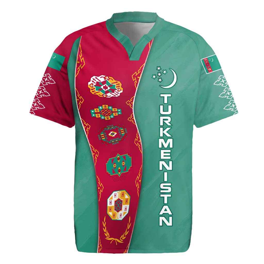 Turkmenistan National Symbols Rugby Jersey with Crescent Moon, Stars, and Traditional Carpet Pattern Design