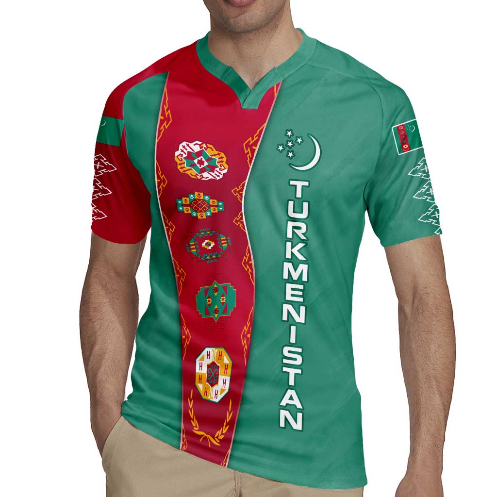 Turkmenistan National Symbols Rugby Jersey with Crescent Moon, Stars, and Traditional Carpet Pattern Design