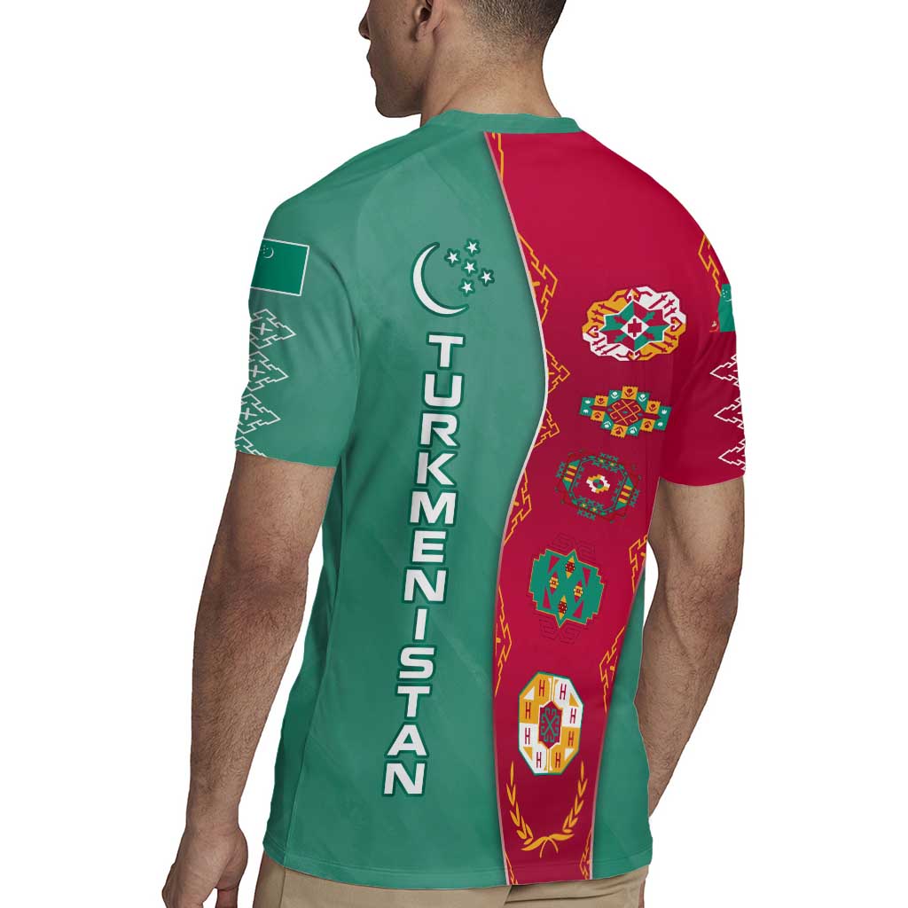 Turkmenistan National Symbols Rugby Jersey with Crescent Moon, Stars, and Traditional Carpet Pattern Design