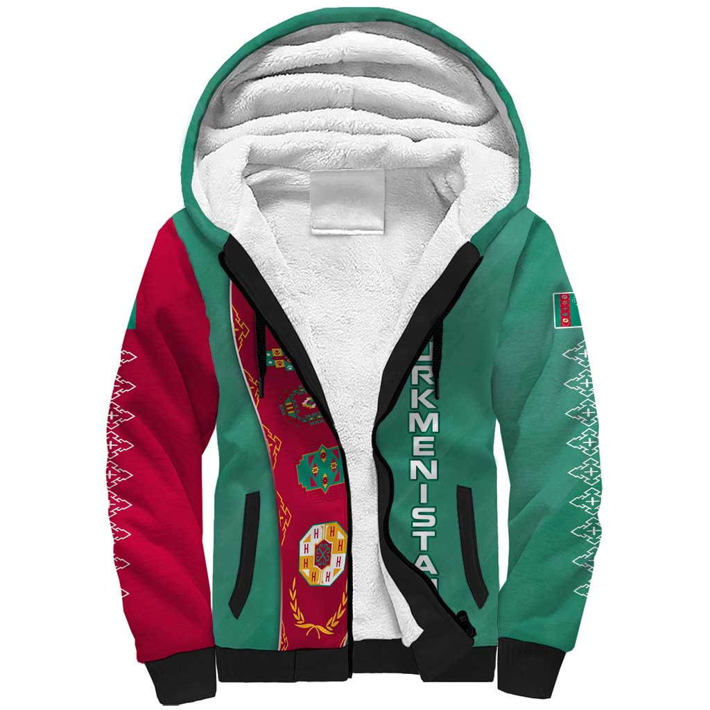 Turkmenistan National Symbols Sherpa Hoodie with Crescent Moon, Stars, and Traditional Carpet Pattern Design
