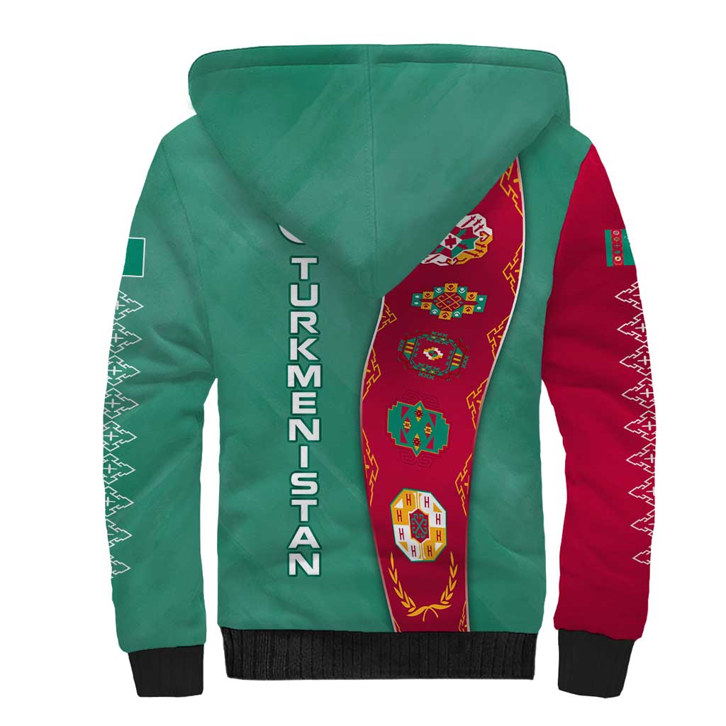 Turkmenistan National Symbols Sherpa Hoodie with Crescent Moon, Stars, and Traditional Carpet Pattern Design