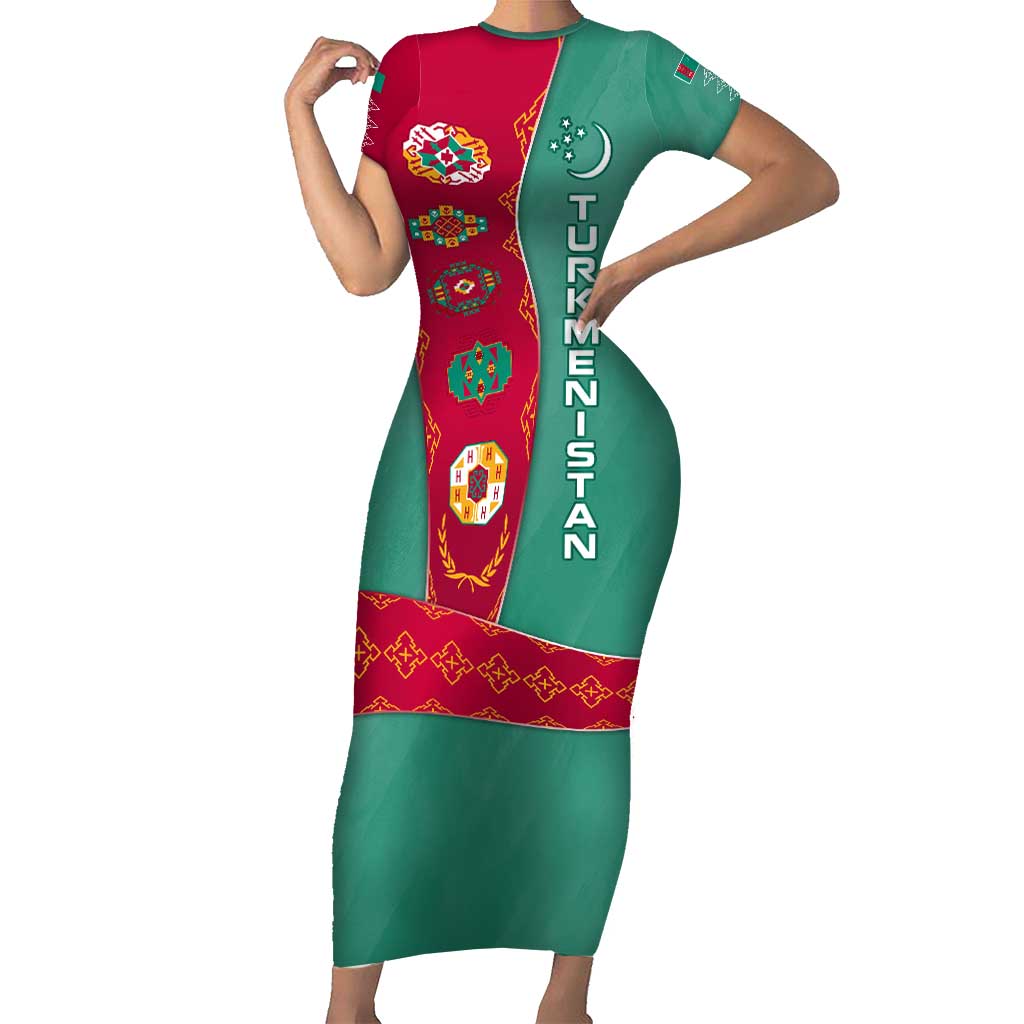 Turkmenistan National Symbols Short Sleeve Bodycon Dress with Crescent Moon, Stars, and Traditional Carpet Pattern Design
