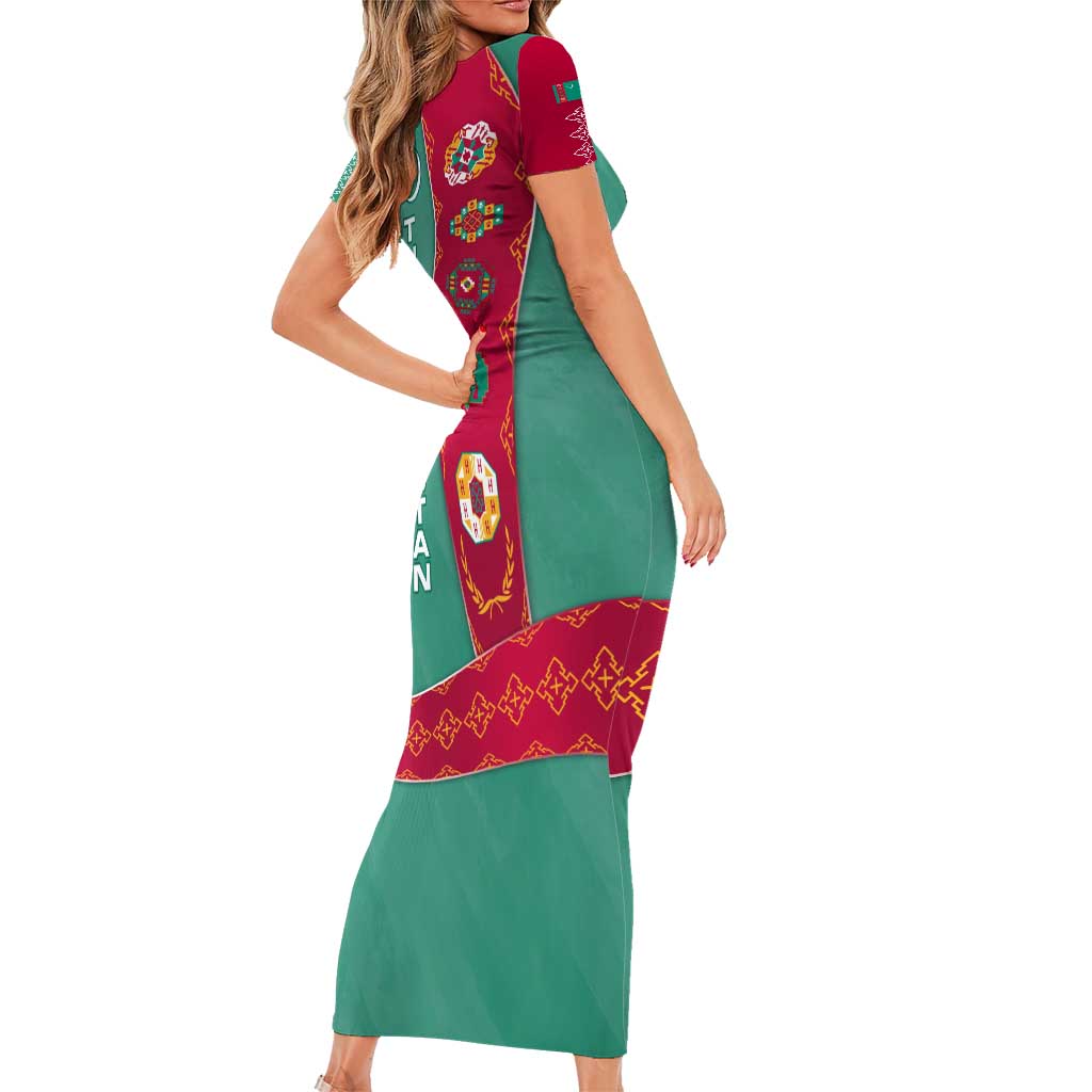 Turkmenistan National Symbols Short Sleeve Bodycon Dress with Crescent Moon, Stars, and Traditional Carpet Pattern Design