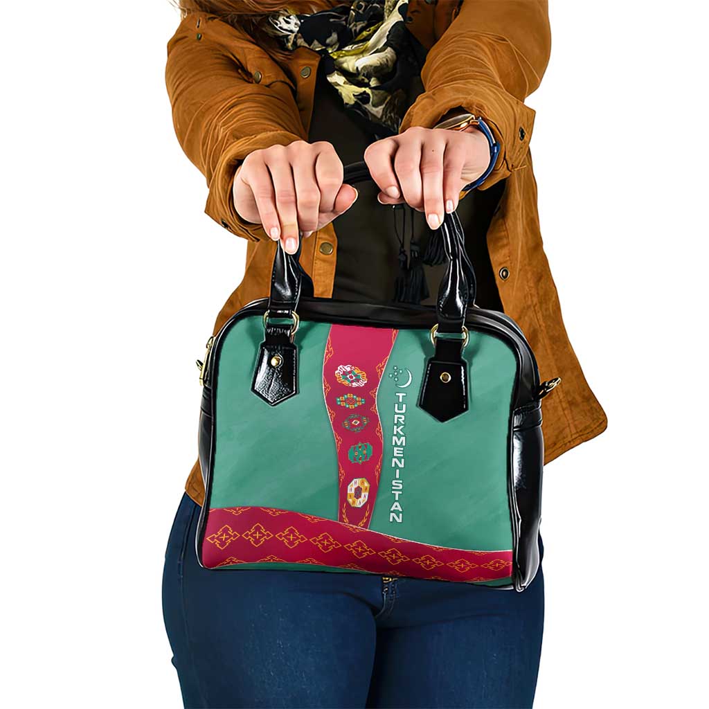 Turkmenistan National Symbols Shoulder Handbag with Crescent Moon, Stars, and Traditional Carpet Pattern Design