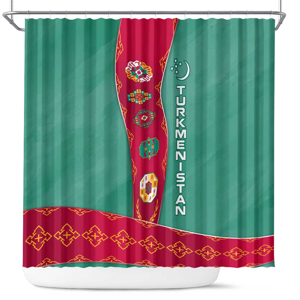 Turkmenistan National Symbols Shower Curtain with Crescent Moon, Stars, and Traditional Carpet Pattern Design