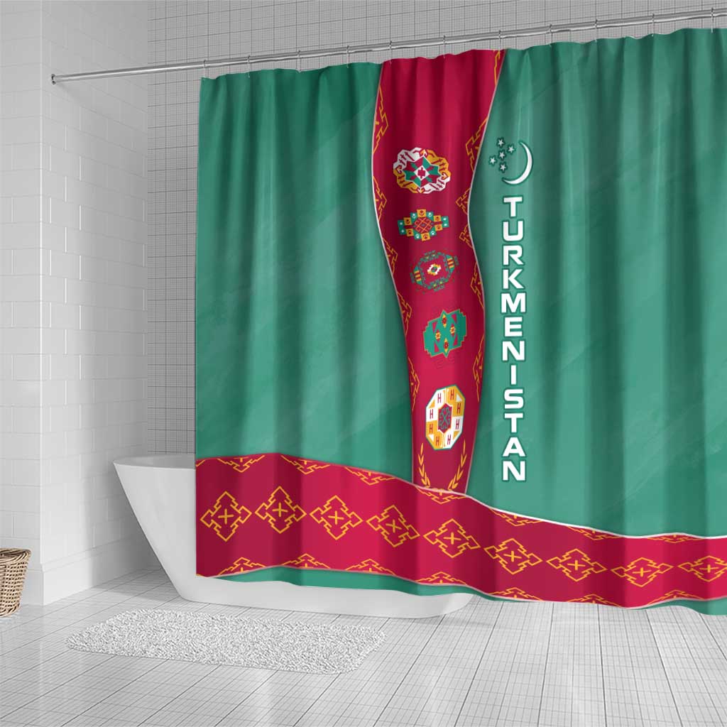 Turkmenistan National Symbols Shower Curtain with Crescent Moon, Stars, and Traditional Carpet Pattern Design