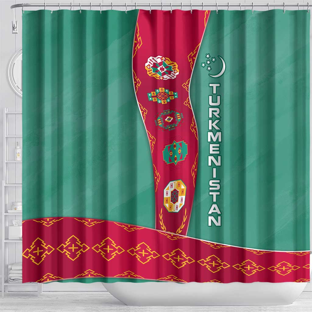Turkmenistan National Symbols Shower Curtain with Crescent Moon, Stars, and Traditional Carpet Pattern Design