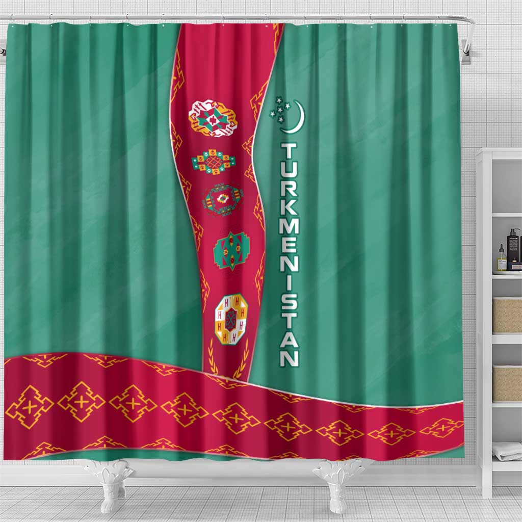 Turkmenistan National Symbols Shower Curtain with Crescent Moon, Stars, and Traditional Carpet Pattern Design