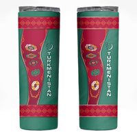 Turkmenistan National Symbols Skinny Tumbler with Crescent Moon, Stars, and Traditional Carpet Pattern Design