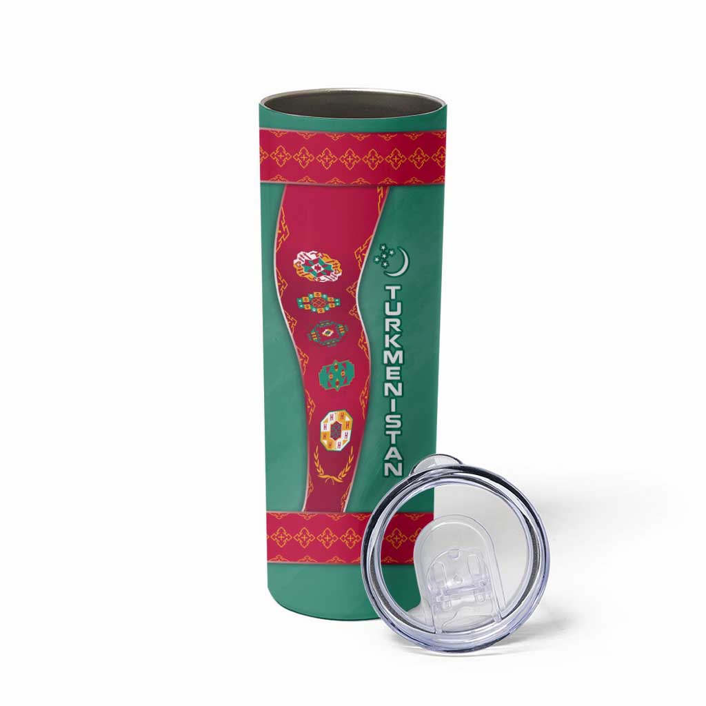 Turkmenistan National Symbols Skinny Tumbler with Crescent Moon, Stars, and Traditional Carpet Pattern Design