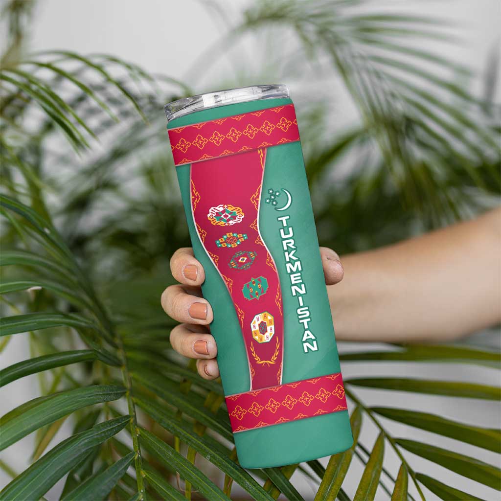 Turkmenistan National Symbols Skinny Tumbler with Crescent Moon, Stars, and Traditional Carpet Pattern Design