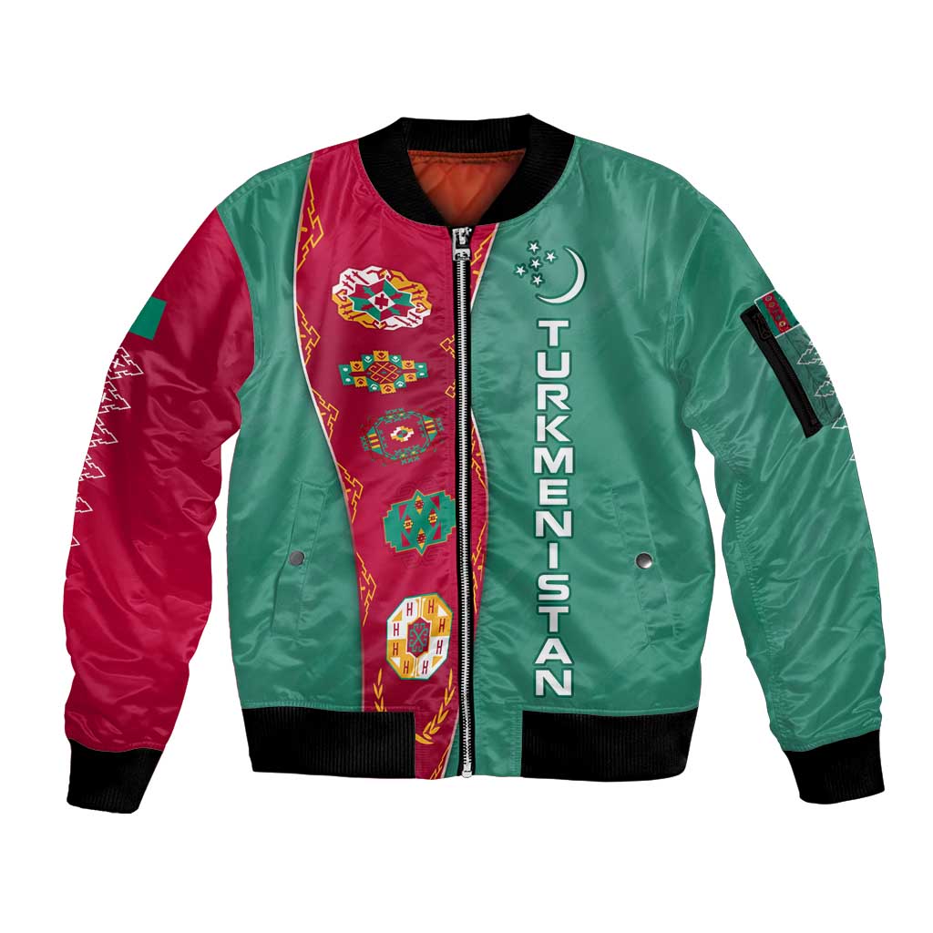 Turkmenistan National Symbols Sleeve Zip Bomber Jacket with Crescent Moon, Stars, and Traditional Carpet Pattern Design