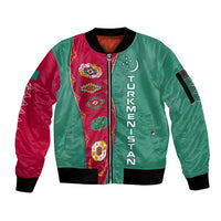 Turkmenistan National Symbols Sleeve Zip Bomber Jacket with Crescent Moon, Stars, and Traditional Carpet Pattern Design