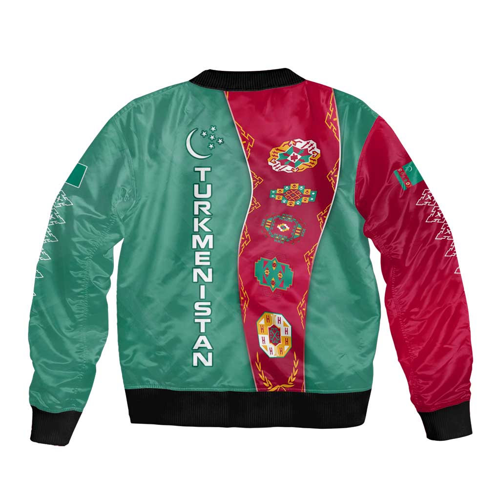 Turkmenistan National Symbols Sleeve Zip Bomber Jacket with Crescent Moon, Stars, and Traditional Carpet Pattern Design