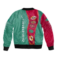 Turkmenistan National Symbols Sleeve Zip Bomber Jacket with Crescent Moon, Stars, and Traditional Carpet Pattern Design