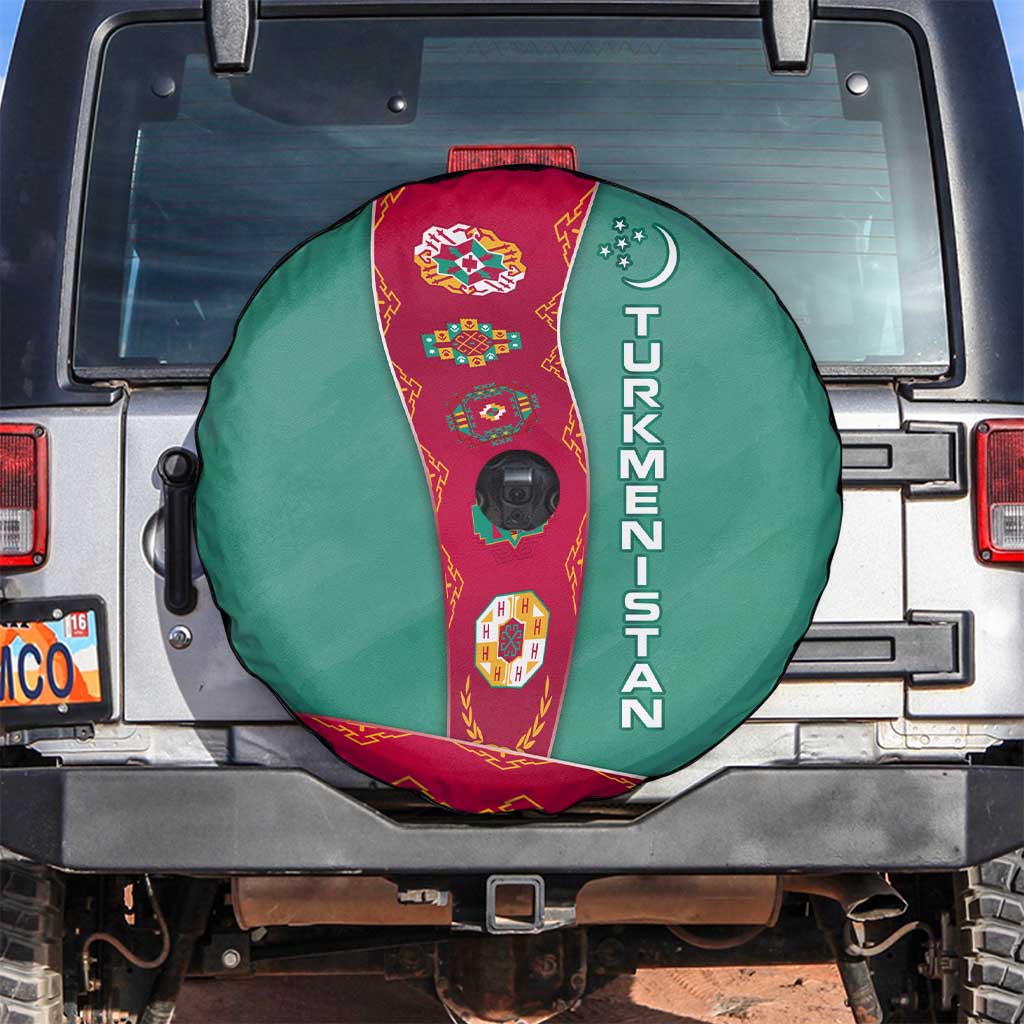 Turkmenistan National Symbols Spare Tire Cover with Crescent Moon, Stars, and Traditional Carpet Pattern Design
