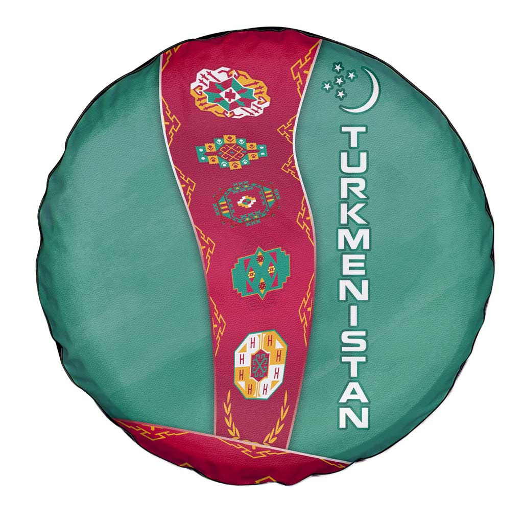 Turkmenistan National Symbols Spare Tire Cover with Crescent Moon, Stars, and Traditional Carpet Pattern Design