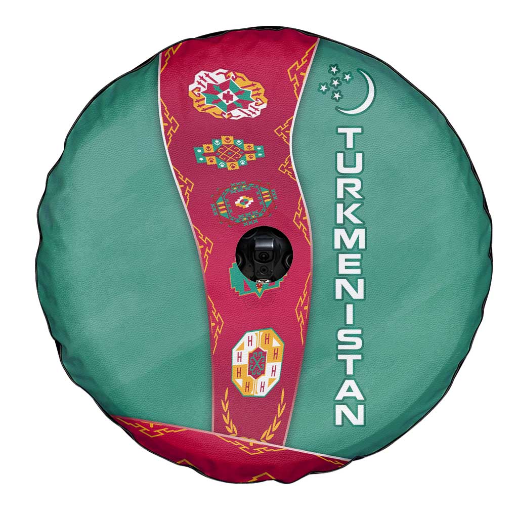 Turkmenistan National Symbols Spare Tire Cover with Crescent Moon, Stars, and Traditional Carpet Pattern Design