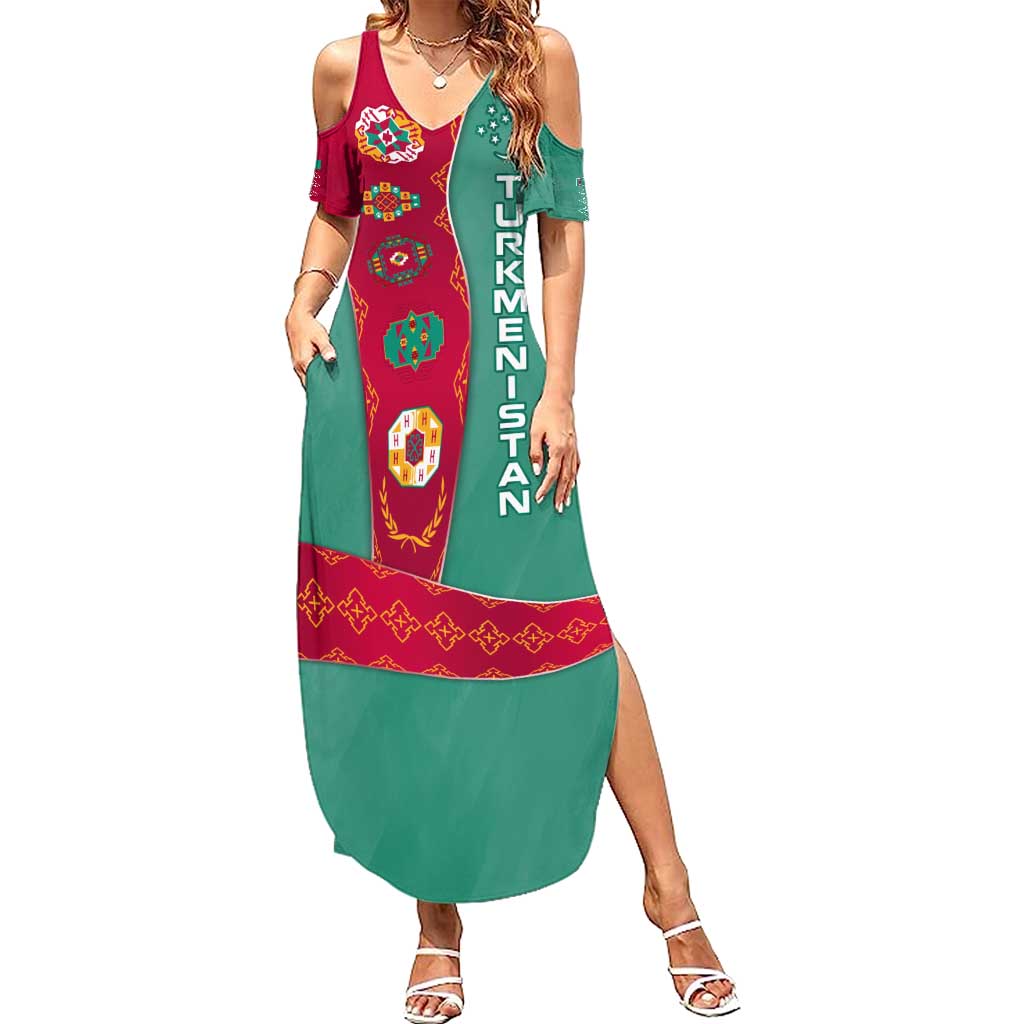 Turkmenistan National Symbols Summer Maxi Dress with Crescent Moon, Stars, and Traditional Carpet Pattern Design