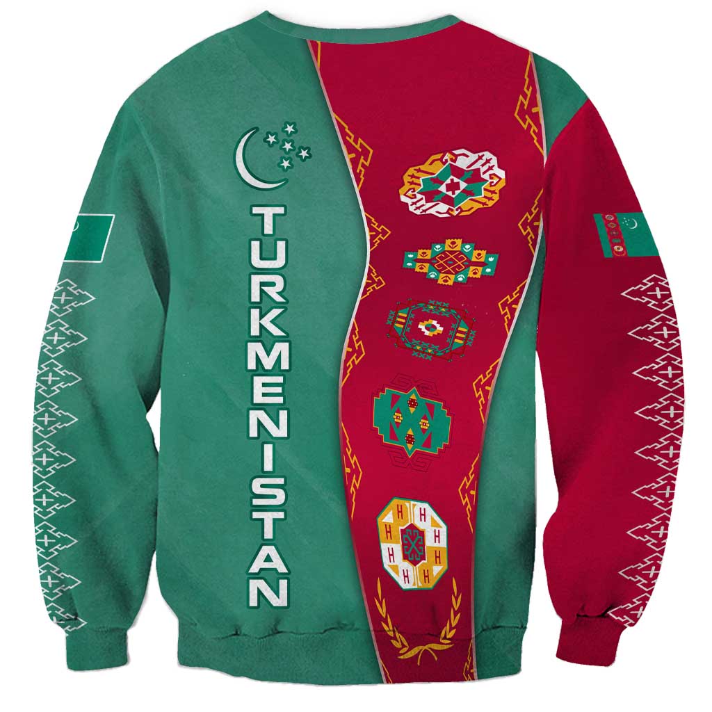 Turkmenistan National Symbols Sweatshirt with Crescent Moon, Stars, and Traditional Carpet Pattern Design