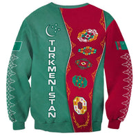 Turkmenistan National Symbols Sweatshirt with Crescent Moon, Stars, and Traditional Carpet Pattern Design