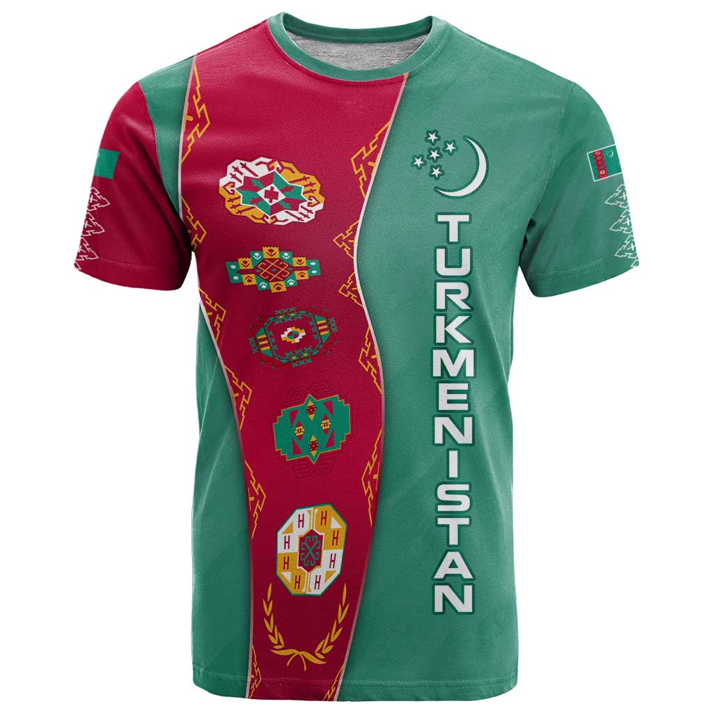 Turkmenistan National Symbols T Shirt with Crescent Moon, Stars, and Traditional Carpet Pattern Design