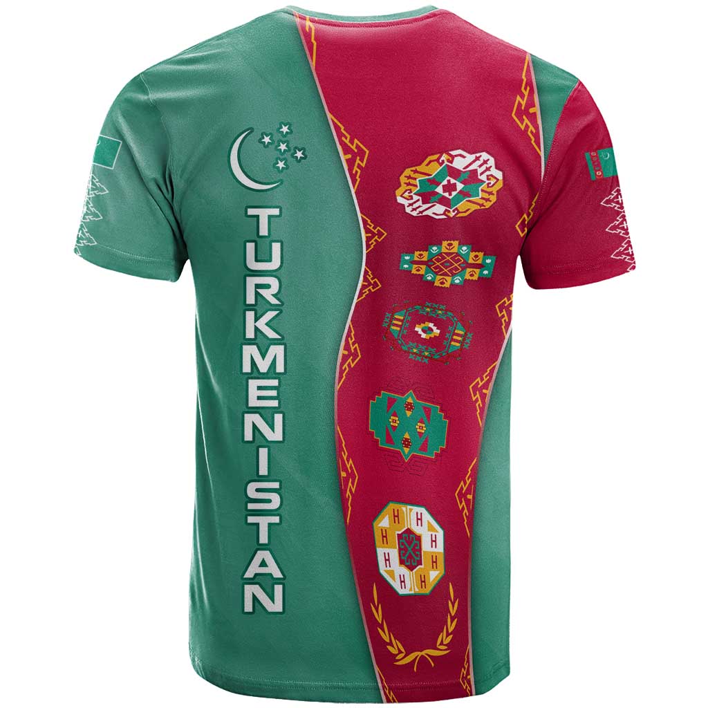 Turkmenistan National Symbols T Shirt with Crescent Moon, Stars, and Traditional Carpet Pattern Design