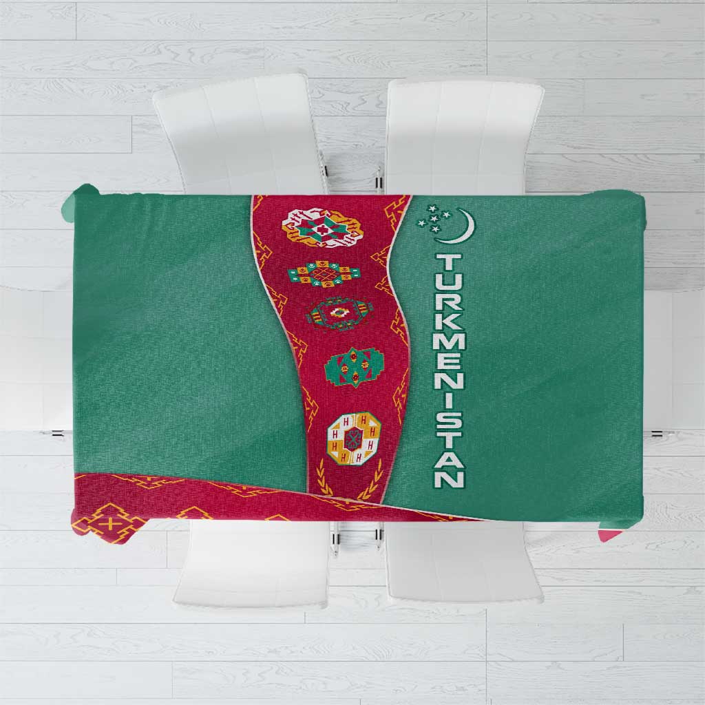 Turkmenistan National Symbols Tablecloth with Crescent Moon, Stars, and Traditional Carpet Pattern Design