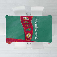 Turkmenistan National Symbols Tablecloth with Crescent Moon, Stars, and Traditional Carpet Pattern Design