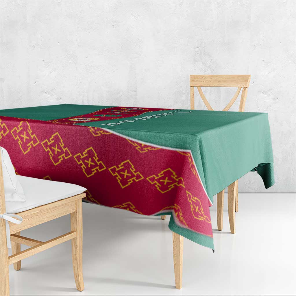 Turkmenistan National Symbols Tablecloth with Crescent Moon, Stars, and Traditional Carpet Pattern Design