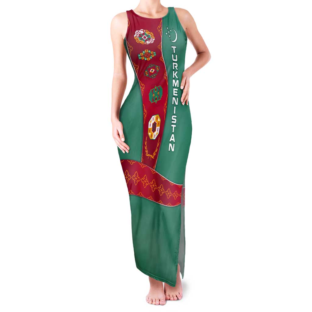 Turkmenistan National Symbols Tank Maxi Dress with Crescent Moon, Stars, and Traditional Carpet Pattern Design