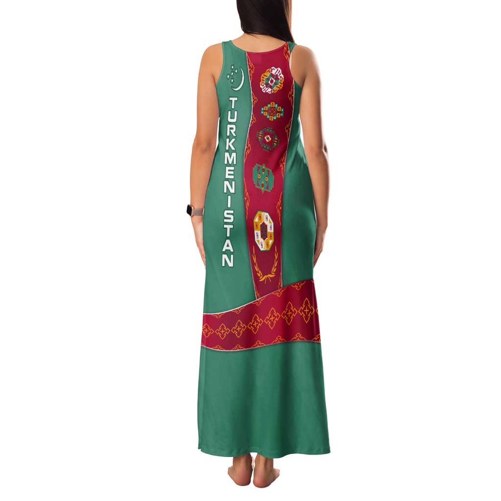 Turkmenistan National Symbols Tank Maxi Dress with Crescent Moon, Stars, and Traditional Carpet Pattern Design
