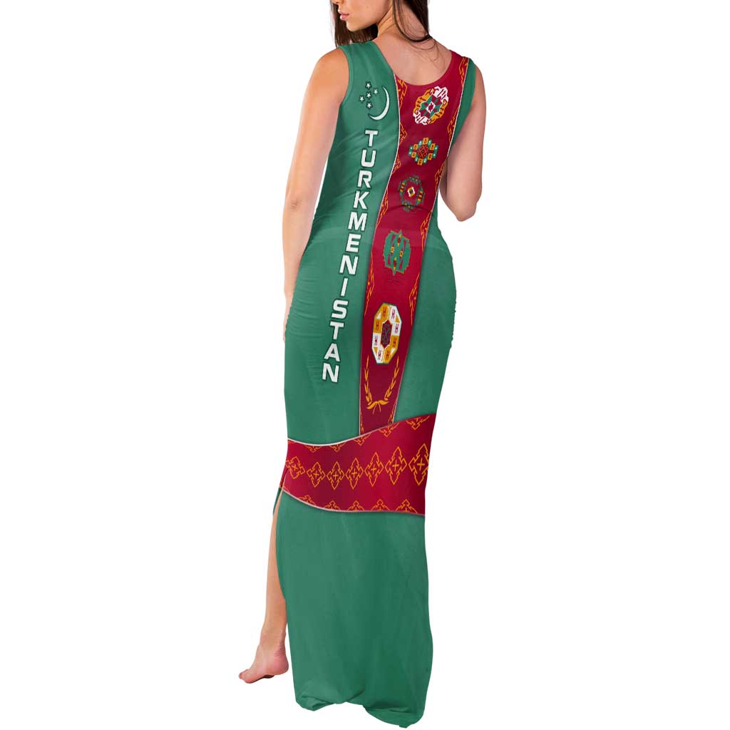 Turkmenistan National Symbols Tank Maxi Dress with Crescent Moon, Stars, and Traditional Carpet Pattern Design