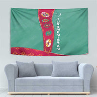 Turkmenistan National Symbols Tapestry with Crescent Moon, Stars, and Traditional Carpet Pattern Design