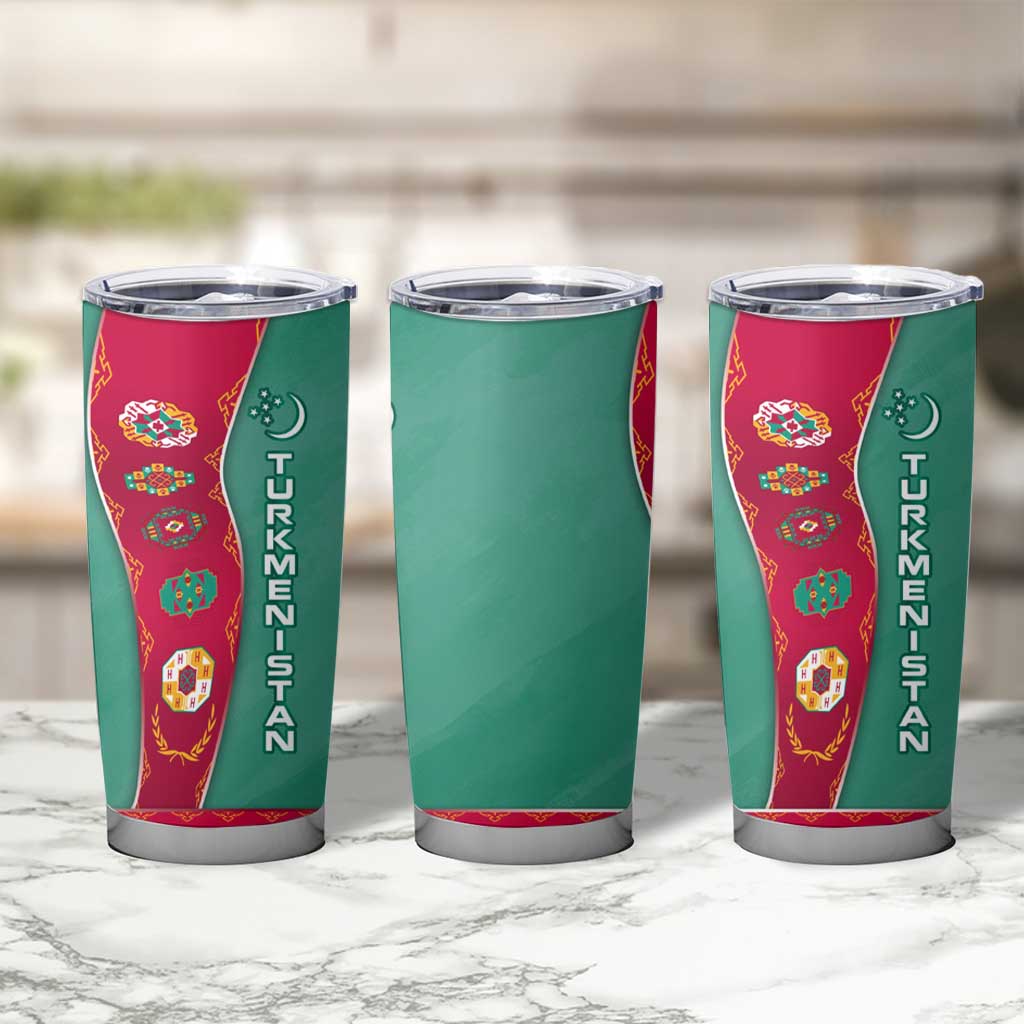 Turkmenistan National Symbols Tumbler Cup with Crescent Moon, Stars, and Traditional Carpet Pattern Design