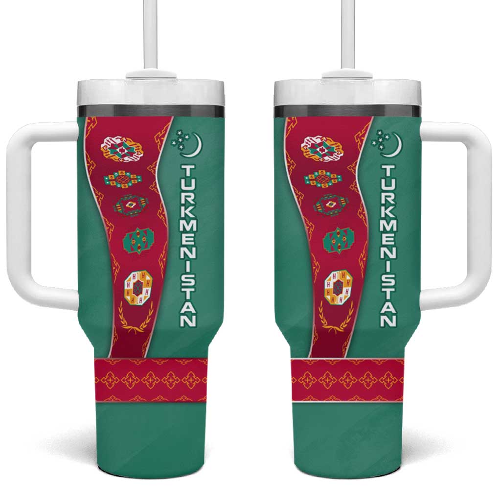 Turkmenistan National Symbols Tumbler With Handle with Crescent Moon, Stars, and Traditional Carpet Pattern Design