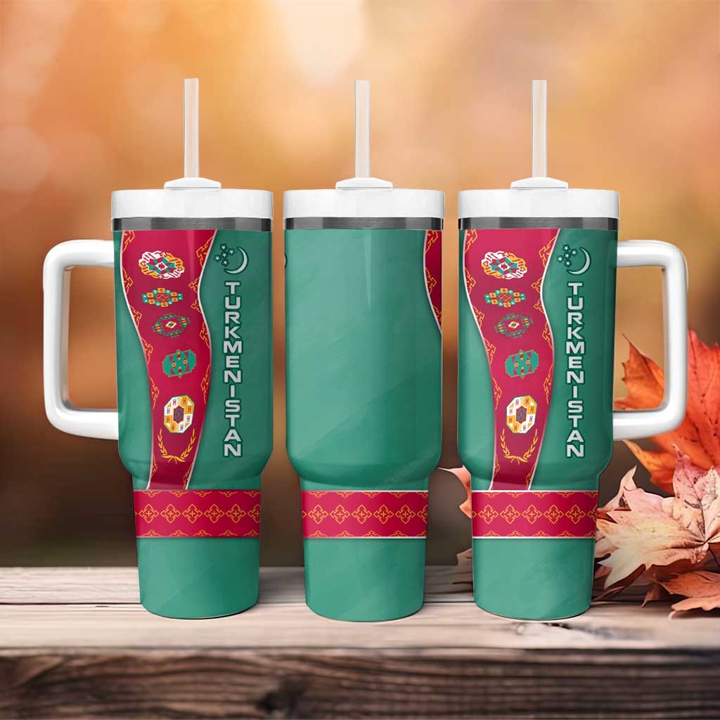 Turkmenistan National Symbols Tumbler With Handle with Crescent Moon, Stars, and Traditional Carpet Pattern Design