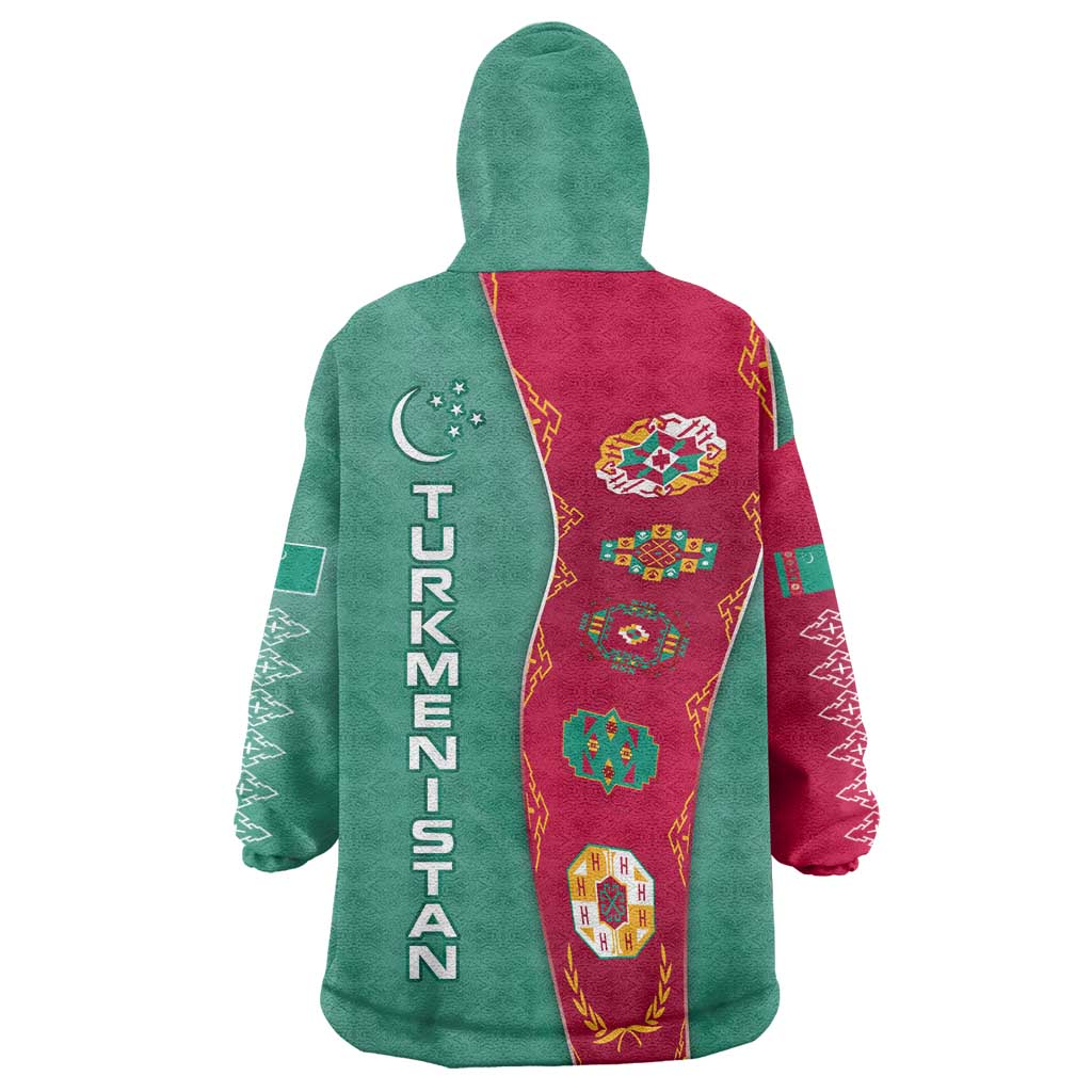 Turkmenistan National Symbols Wearable Blanket Hoodie with Crescent Moon, Stars, and Traditional Carpet Pattern Design