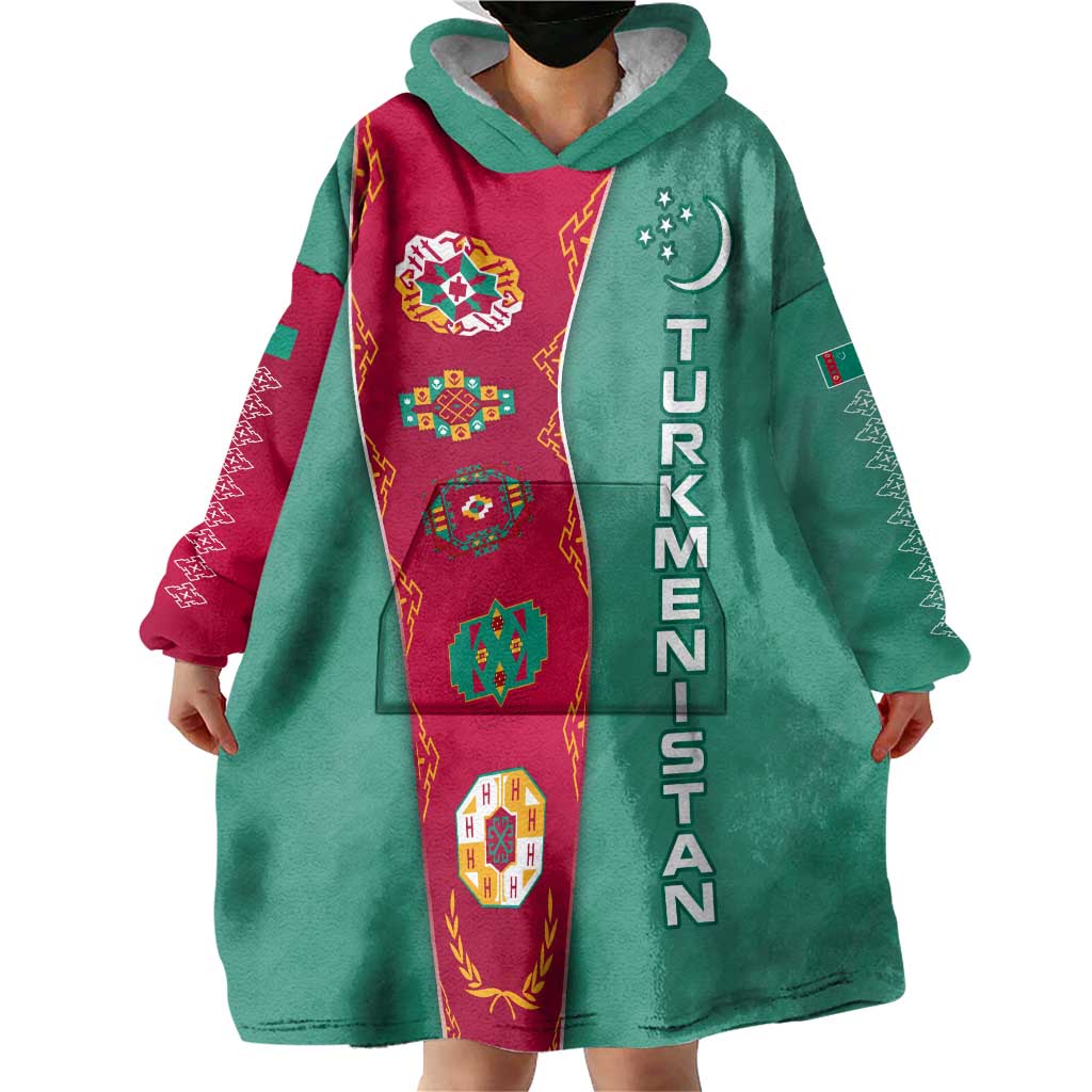 Turkmenistan National Symbols Wearable Blanket Hoodie with Crescent Moon, Stars, and Traditional Carpet Pattern Design