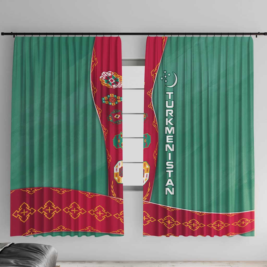 Turkmenistan National Symbols Window Curtain with Crescent Moon, Stars, and Traditional Carpet Pattern Design