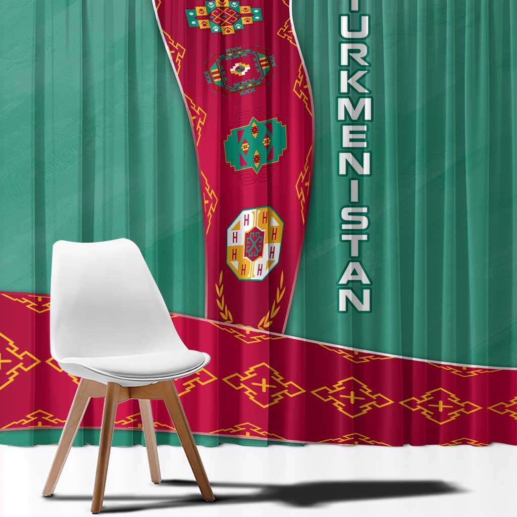Turkmenistan National Symbols Window Curtain with Crescent Moon, Stars, and Traditional Carpet Pattern Design