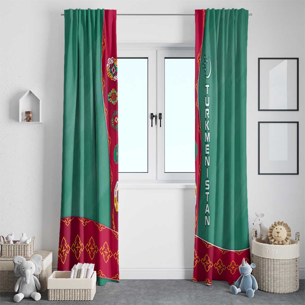 Turkmenistan National Symbols Window Curtain with Crescent Moon, Stars, and Traditional Carpet Pattern Design